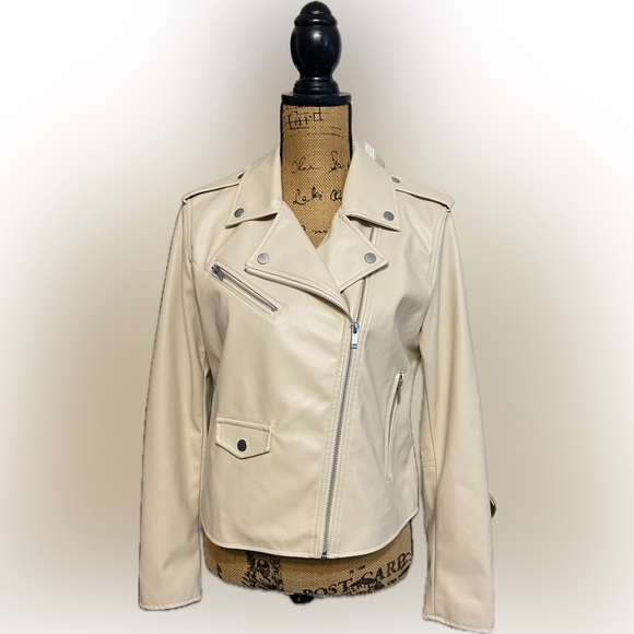 Nine West Jackets & Blazers - Women's Cream Faux Leather Biker Jacket